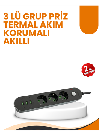 2 Metre Kablolu 3 USB Portlu Anahtarlı Üçlü Priz