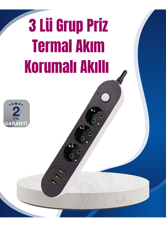 3 USB Çıkışlı Hızlı Şarjlı Anahtarlı Üçlü Priz
