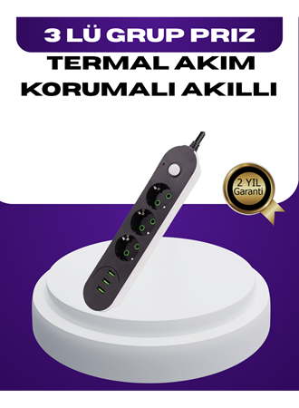 USB Yuvalı Anahtarlı Üçlü Priz 2 Metre Kablolu