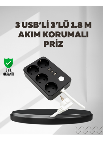 4.1A Hızlı Şarjlı Akım Korumalı 4 Priz ve 3 USB Çıkışlı Priz