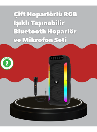 Çift 4 inç Hoparlörlü RGB Işıklı Bluetooth Ses Sistemi