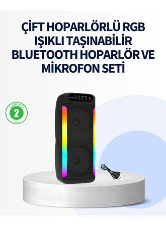 RGB Işıklı Çift Hoparlörlü Taşınabilir Bluetooth Speaker ve Mikrofon