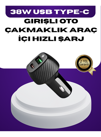 38W Çift Çıkışlı Araç Şarj Cihazı – Type-C ve USB PD Destekli