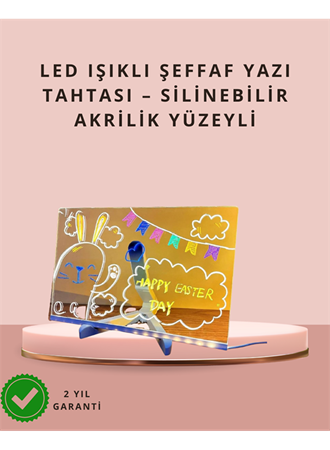 LED Işıklı Şeffaf Yazı Tahtası – Neon Etkili Akrilik Pano, Silinebilir, 7 Renkli Kalemli, 30x20 cm