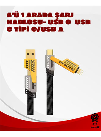 Dönüştürülebilir 4 Başlıklı Hızlı Şarj Kablosu – 1.2m, 65W, Dayanıklı ve Esnek Tasarım