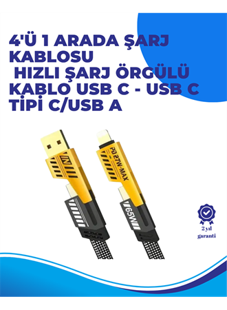 65W 4'ü 1 Arada Çoklu Şarj Kablosu – USB-C, USB-A, Lightning, Veri ve Şarj Desteği
