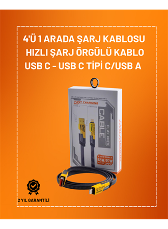 4'ü 1 Arada USB Hızlı Şarj ve Veri Kablosu – 65W Güç, Çoklu Bağlantı, 1.2m