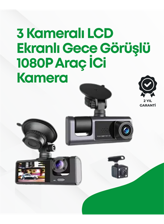 2.0” LCD Ekranlı, Döngüsel Kayıt Özellikli Üç Kameralı Oto Kamera