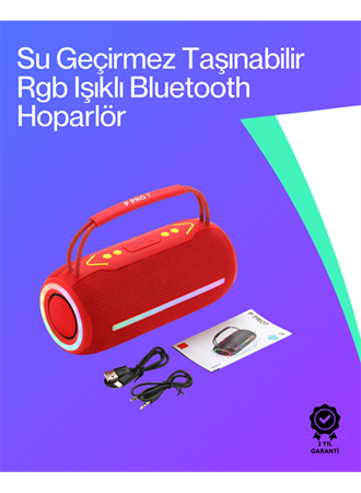 360 RGB LED'li Taşınabilir Bluetooth Hoparlör – Kırmızı, USB/TF Destekli