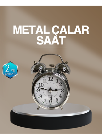 Dekoratif Yuvarlak Gümüş Sessiz Işıklı Masa Üstü Çalar Saat Alarmlı ve Şık Tasarım