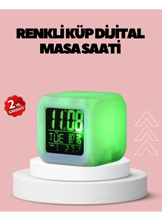 Kronometre ve Takvim Destekli Renk Değiştiren LED Dijital Küp Saat