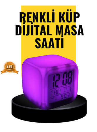 7 Renk LED Işıklı Alarmlı Dijital Küp Masa Saati Termometreli