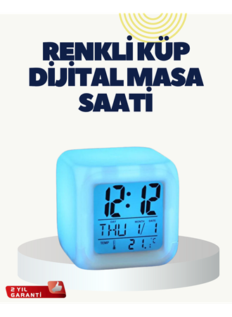 Termometre ve Takvim Özellikli 7 Renk Değiştiren Küp Alarm Saati