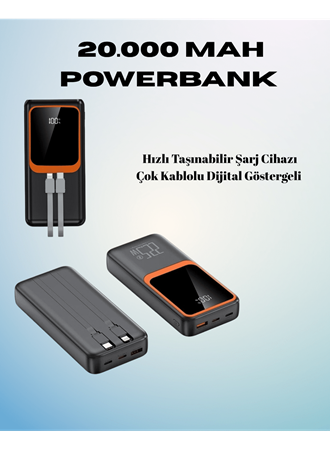 20000 mAh Powerbank | Çok Kablolu, Dijital Göstergeli, Yüksek Hızlı Şarj Cihazı