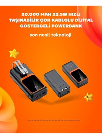 Powerbank 20000 mAh | 22.5W Hızlı Şarj, Dahili Kablolu, LCD Ekranlı Şarj Cihazı