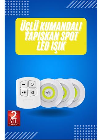 Yapışkanlı 3'lü Spot Led Işık Lamba Montajsız Pilli Uzaktan Kumandalı