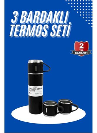Termos Seti 3'lü Bardak Seti Isı Dayanıklı Siyah Paslanmaz Çelik Vakumlu