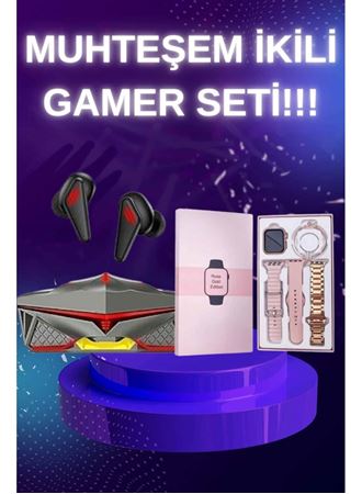 Yeni Nesil Pembe Dokunmatik Ekran Akıllı Saat ve Oyuncu Kulaklığı Kablosuz Bluetooth Kulaklık