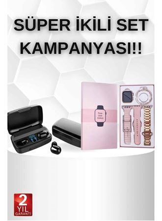 Wireless Şarjlı Pembe Akıllı Saat ve Kablosuz Bluetooth Kulaklık Dokunmatik Kontrol