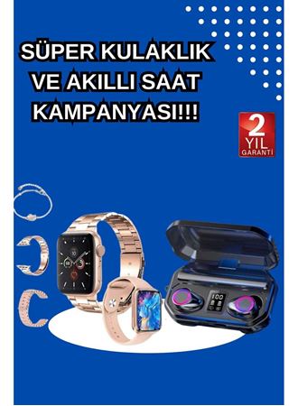 Kadınlar İçin 3 Kordonlu Akıllı Saat ve Dijital Göstergeli Powerbankli Bluetooth Kulaklık Dokunmatik Kontrol