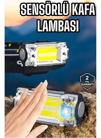 Beyaz Led Işık Sensörlü Kafa Lambası Lityum Batarya Led El Fenerli Şarjlı