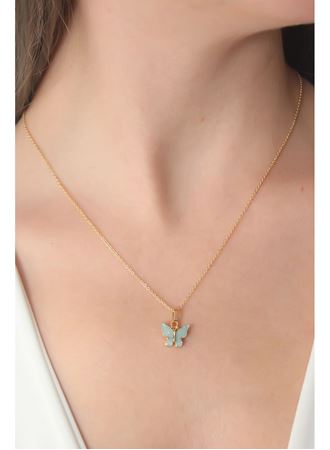 Gold Renk Su Yeşili Kelebek Figür Kadın Kolye