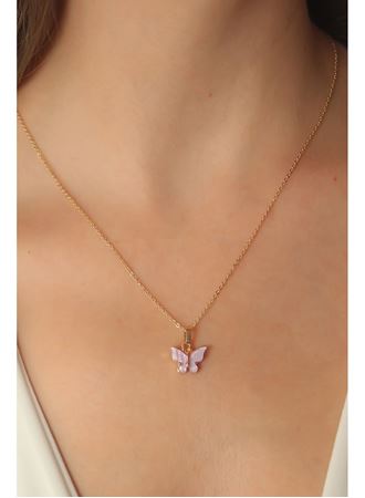 Gold Lila Renk Kelebek Figür Kadın Kolye