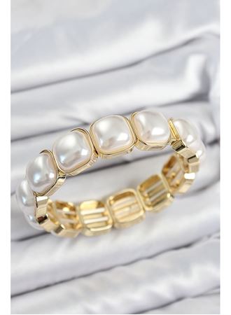 Pirinç Kare İnci Model Gold Renk Lastikli Kadın Bileklik