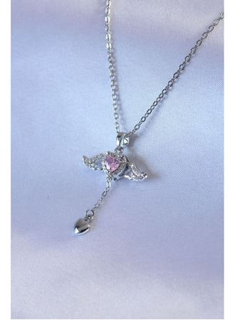 316L Çelik Gümüş Renk Kanatlı Kalp Figür Zirkon Taş Detay Kadın Kolye
