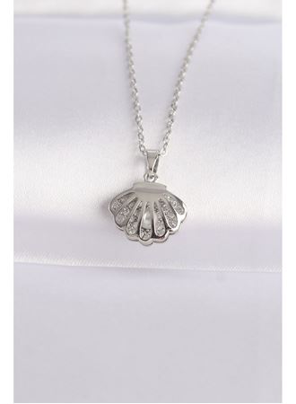 316L Çelik Zincir Gümüş Renk Zirkon Taşlı İnci Detay İstiridye Kolye