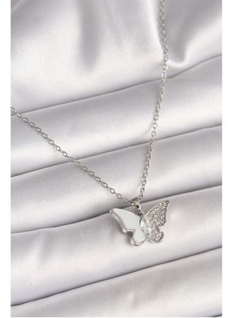 316L Çelik Gümüş Renk Zincir Zirkon Taşlı Beyaz Mineli Kelebek Model Kadın Kolye