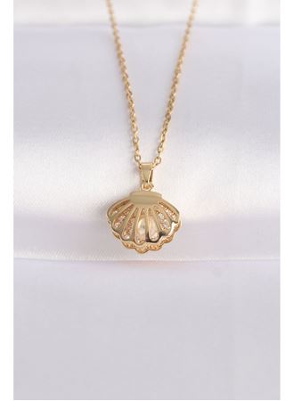 316L Çelik Zincir Altın Renk Zirkon Taşlı İnci Detay İstiridye Kolye