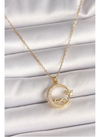 316L Çelik Gold Renk Zincir Zirkon Taşlı Ay Yıldız Model Sonsuzluk Detay Kadın Kolye