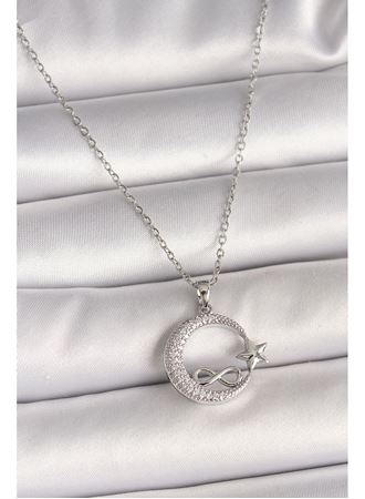 316L Çelik Gümüş Renk Zincir Zirkon Taşlı Ay Yıldız Model Sonsuzluk Detay Kadın Kolye