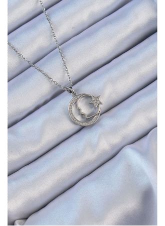 316L Çelik Zincir Gümüş Renk Zirkon Taşlı Ay Yıldız Simgeli Atatürk Kolye