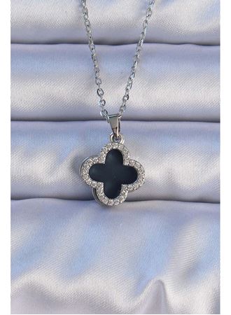 316L Çelik Gümüş Renk Siyah Mineli Zirkon Taşlı Yonca Figürlü Kolye