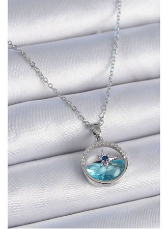 316L Çelik Zincir Gümüş Renk Zirkon Taşlı Deniz Görünüm Kutup Yıldızı Kolye