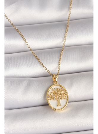 316L Çelik Gold Renk Zincir Zirkon Taş Detaylı Beyaz Mineli Ağaç İşlemeli Portre Model Kadın Kolye