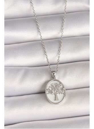 316L Çelik Gümüş Renk Zincir Zirkon Taş İşlemeli Beyaz Mineli Ağaç İşlemeli Portre Model Kadın Kolye