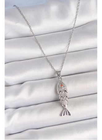 316L Çelik Zincir Gümüş Renk Zirkon Taşlı Balık Figürlü Kolye