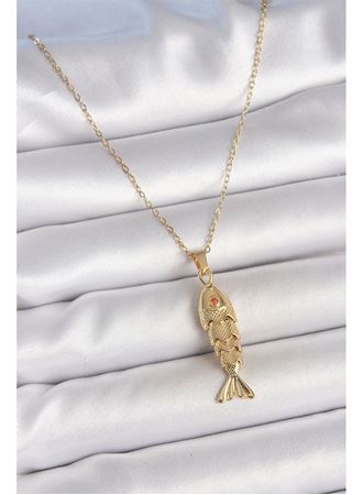 316L Çelik Zincir Gold Renk Zirkon Taşlı Balık Figürlü Kolye