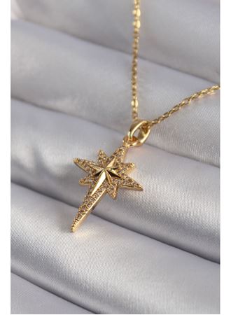 316L Çelik Gold Renk Zirkon Taşlı Kutup Yıldızı Model Kadın Kolye