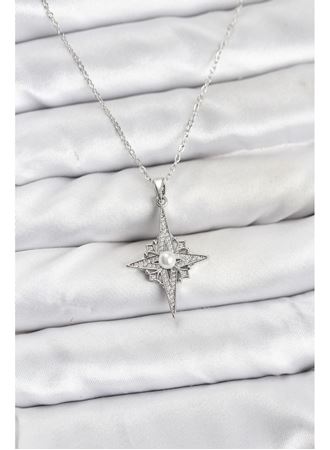 316L Çelik Zincir Gümüş Renk Kutup Yıldızı Model Zirkon Taşlı Kadın Kolye