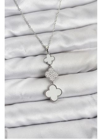 316L Çelik Zincir Gümüş Renk Yonca Detaylı Zirkon Taşlı Kadın Kolye
