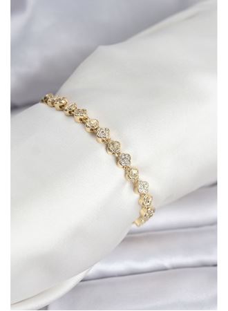 Pirinç Gold Renk VIP Seri Sıralı Yonca Model Zirkon Taşlı Kadın Bileklik