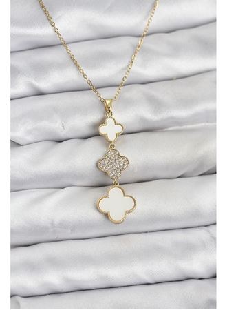 316L Çelik Zincir Gold Renk Yonca Detaylı Zirkon Taşlı Kadın Kolye