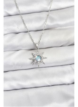 316L Çelik Zincir Gümüş Renk Kutup Yıldızı Model Zirkon Taşlı Kadın Kolye