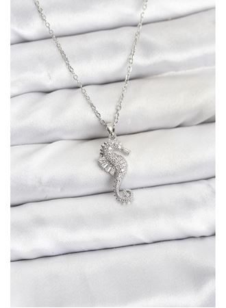 316L Çelik Zincir Gümüş Renk Deniz Atı Model Zirkon Taşlı Kadın Kolye