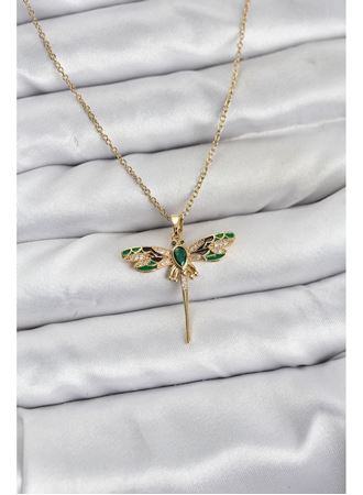 316L Çelik Zincir Gold Renk Yusufçuk Model Zirkon Taşlı Kadın Kolye