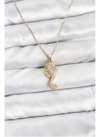 316L Çelik Zincir Gold Renk Deniz Atı Model Zirkon Taşlı Kadın Kolye